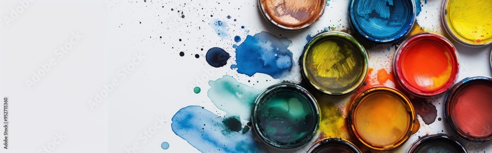 A set of watercolor paints, beautifully laid out in a palette, on a white canvas background A set of watercolor paints, beautifully laid out in a palette, on a white canvas background