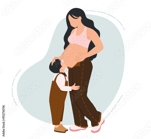 Child boy hugging and kissing belly of pregnant her mother 