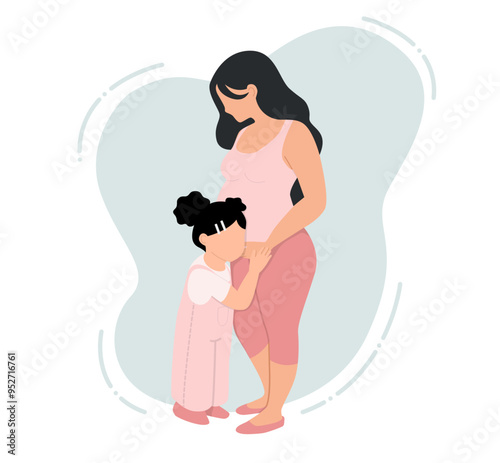 A little girl hugging belly of pregnant her mother 