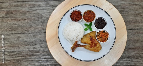 Ayam ungkep bumbu kuning or boiled chicken with curry seasoning and coconut water. Served with varian sambal or hot chili sauce. Ready to fried photo