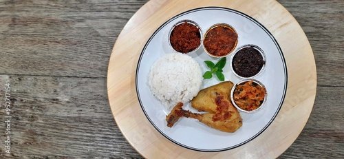 Ayam ungkep bumbu kuning or boiled chicken with curry seasoning and coconut water. Served with varian sambal or hot chili sauce. Ready to fried photo