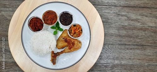 Ayam ungkep bumbu kuning or boiled chicken with curry seasoning and coconut water. Served with varian sambal or hot chili sauce. Ready to fried photo