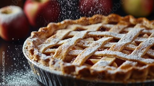 Close photo of tasty apple pie with powdered sugar on, made by a grandmother.