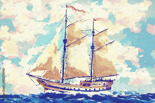 Watercolor Ship Illustration. Generative AI
