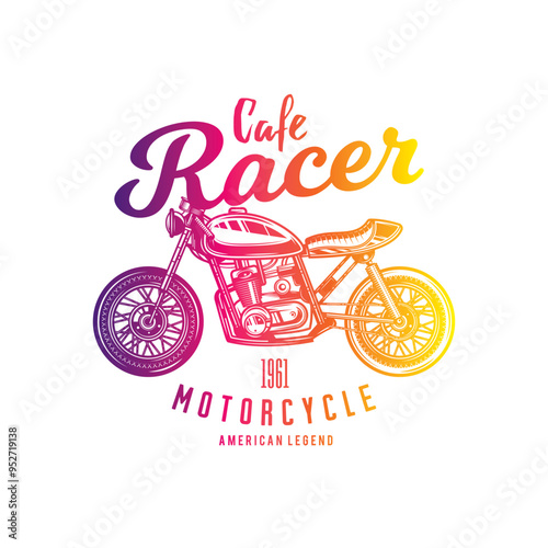Cafe racer custom motorcycle. Original vector illustration in vintage style isolated on white background. T-shirt design.