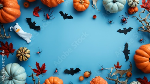 Halloween Pumpkin and Bat Decor on Blue Background