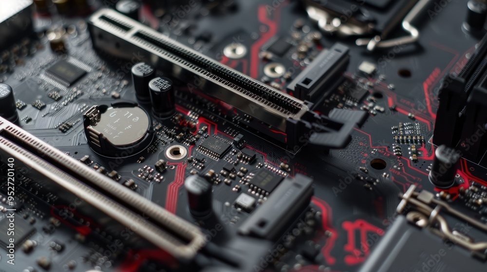 Close-up of a Motherboard with Circuitry and Components Close-up of a Motherboard with Circuitry and Components