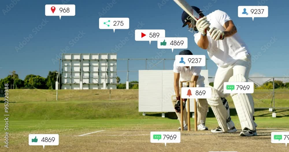 Cricket players on field with social media notifications animation overlaid