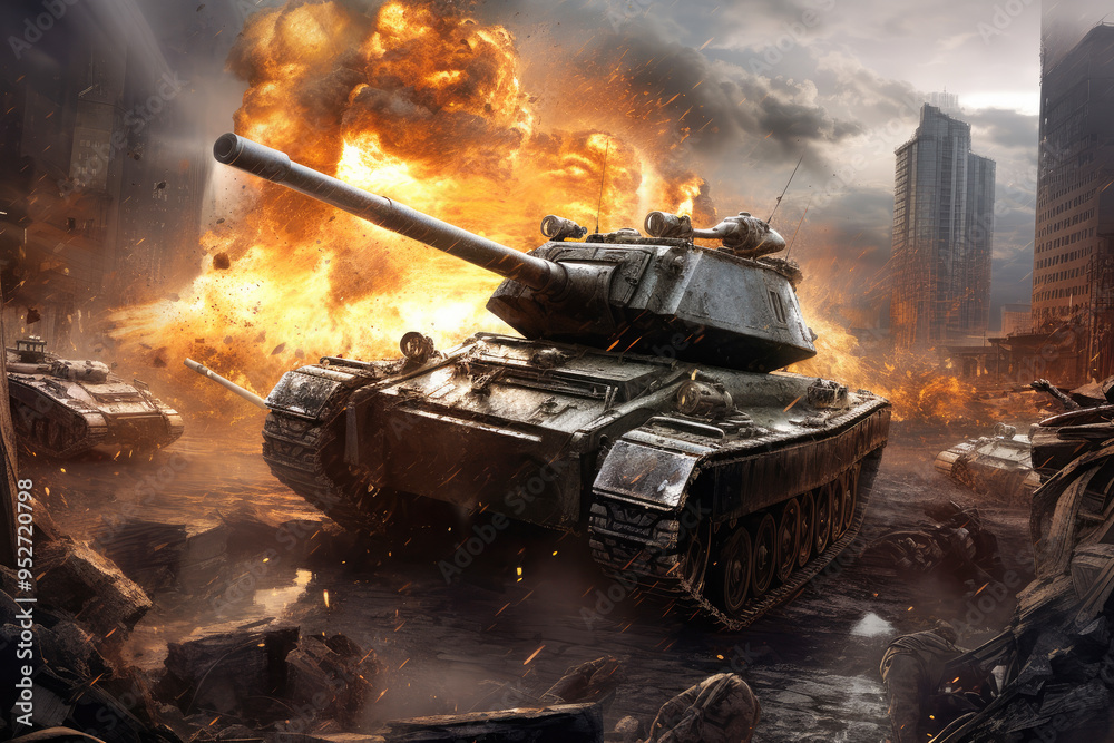 generated illustration of Armored tank shooting of a battle field in a war. generated illustration of Armored tank shooting of a battle field in a war.