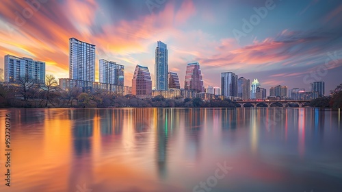 Wallpaper Mural Austin downtown skyline with sunset hues and river reflections Torontodigital.ca