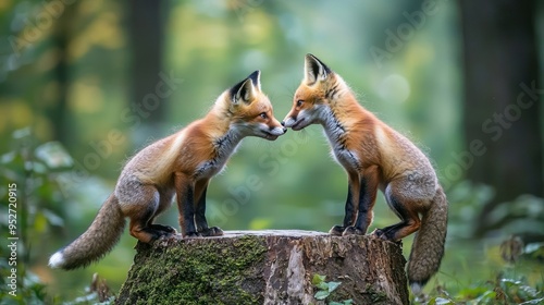 Two Red Fox Kits Sniffing Each Other on a Tree Stump photo