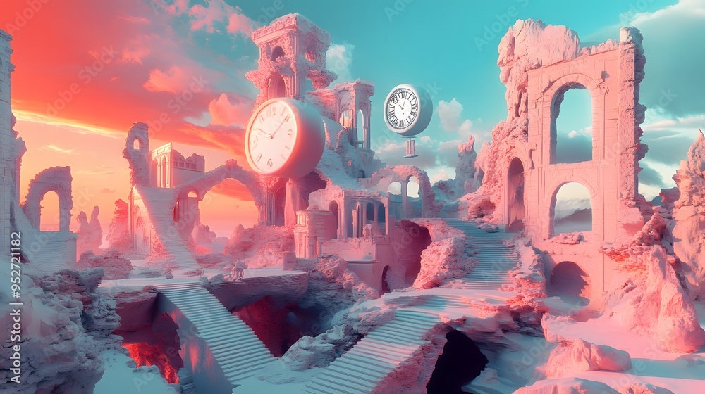 Surreal landscape with melting clocks floating staircases and ...