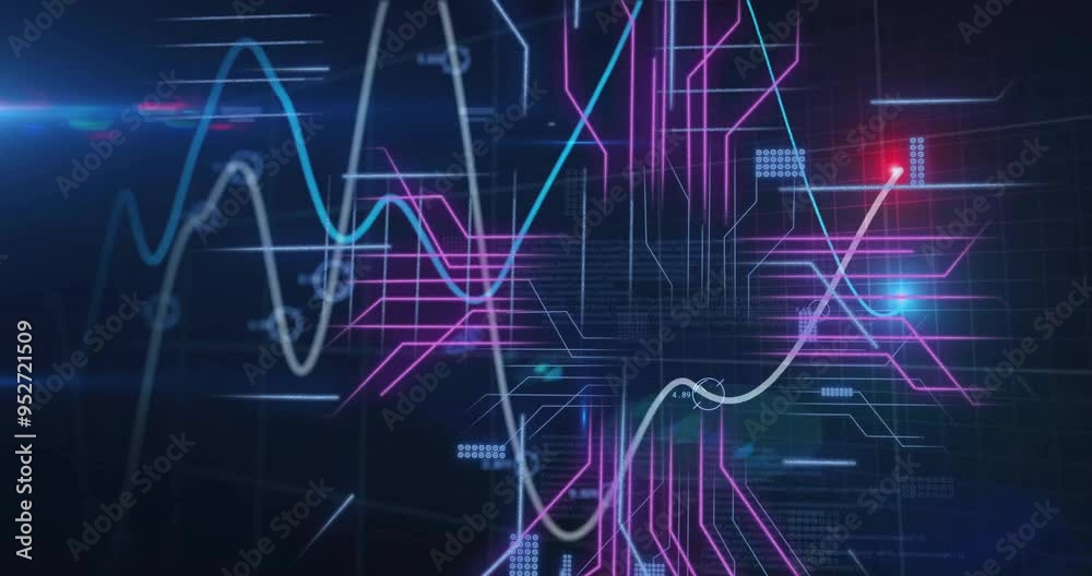 Colorful graphs and data lines animation over dark background with grid patterns Colorful graphs and data lines animation over dark background with grid patterns
