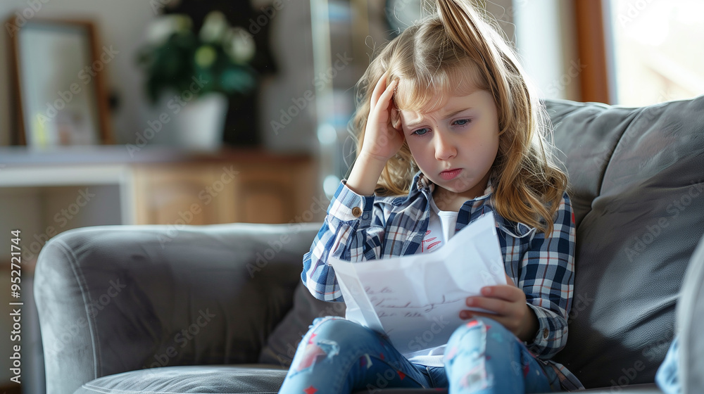 Upset and worried child reading a received letter at home, sitting on the sofa and holding her head Upset and worried child reading a received letter at home, sitting on the sofa and holding her head
