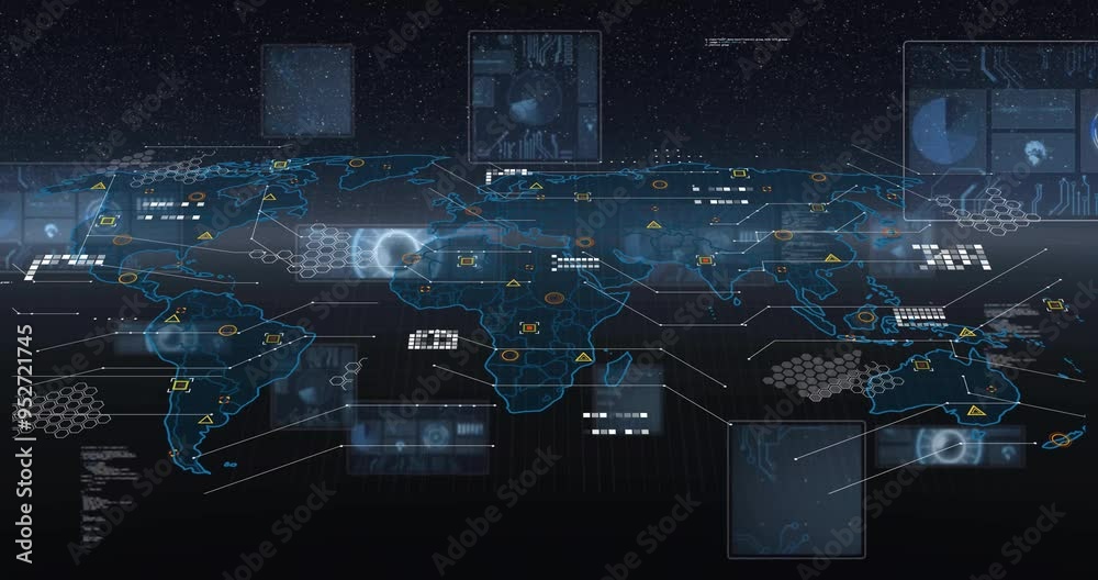 Global network connections and data processing animation over world map