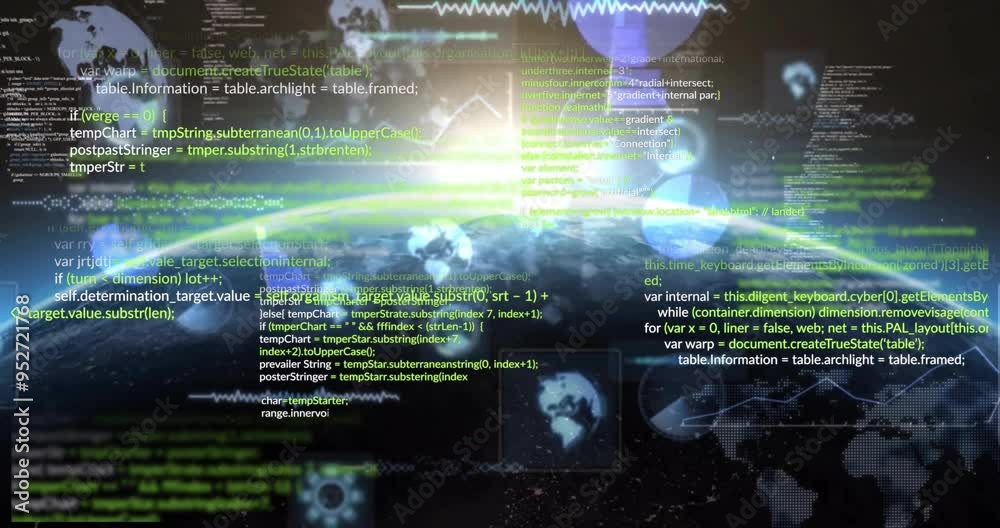 Programming code and data processing animation over Earth from space Programming code and data processing animation over Earth from space