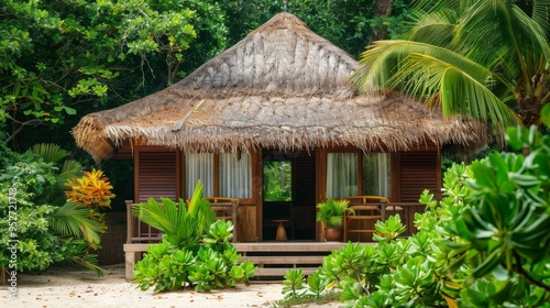 Beachfront bungalow with thatched roof surrounded by tropical plants