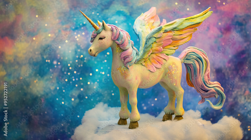 A mythical unicorn with iridescent wings stands on a fluffy cloud against a sparkling night sky. A mythical unicorn with iridescent wings stands on a fluffy cloud against a sparkling night sky.