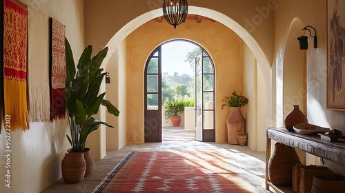 Sunlit Entryway with Arched Doorway and Colorful Decor