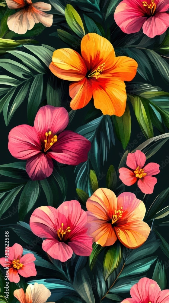 Vibrant tropical hibiscus lush greenery pattern design Vibrant tropical hibiscus lush greenery pattern design