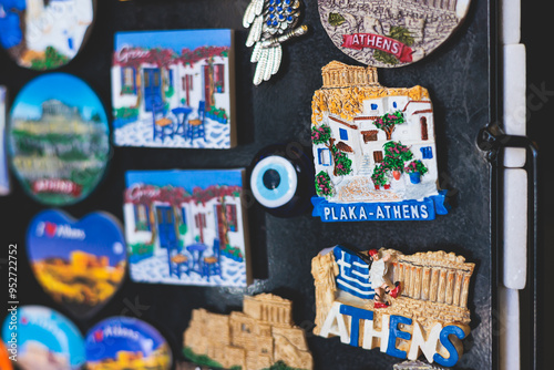 Traditional tourist souvenirs and gifts from Athens, fridge magnets with text 