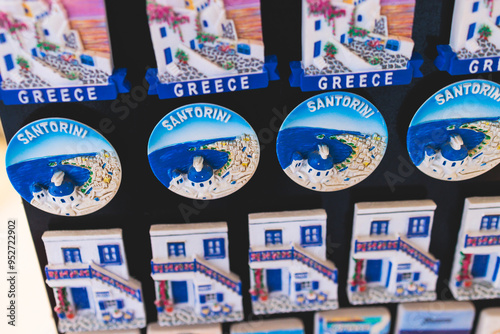 Traditional tourist souvenirs and gifts from Athens, fridge magnets with text 