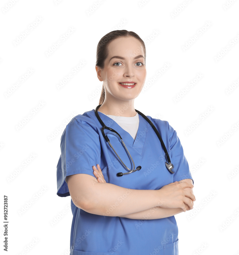Portrait of professional nurse with stethoscope on white background Portrait of professional nurse with stethoscope on white background