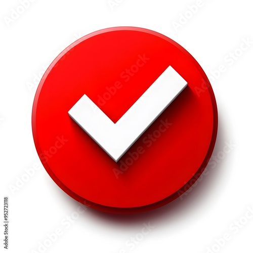  3d check icon, checklist tick, done mark. Vector realistic plastic style checkmark, symbol of selection, confirmation or approval. Red circle with a white, white background