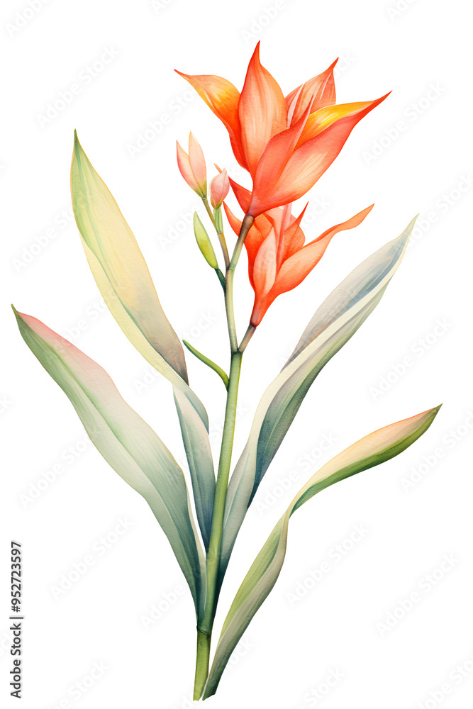 tropical strelitzia flower with lush leaves, watercolor botanical clipart for graphic design tropical strelitzia flower with lush leaves, watercolor botanical clipart for graphic design