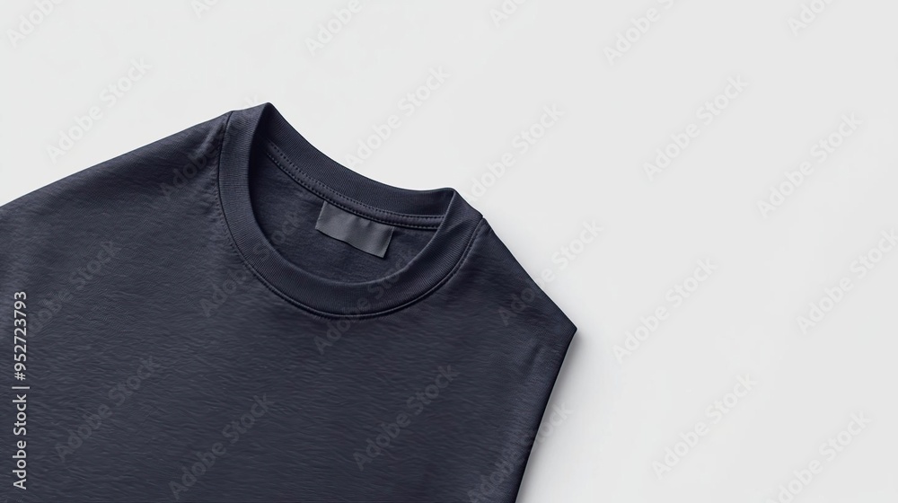 A folded dark shirt with a round neckline on a plain background. A folded dark shirt with a round neckline on a plain background.