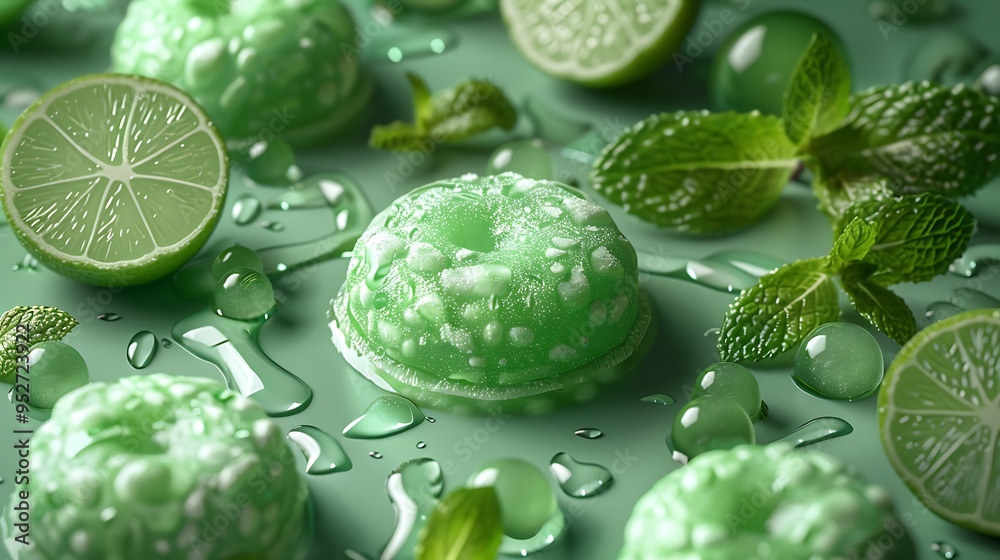 Fototapeta premium Refreshing green lime and mint desserts with water droplets.