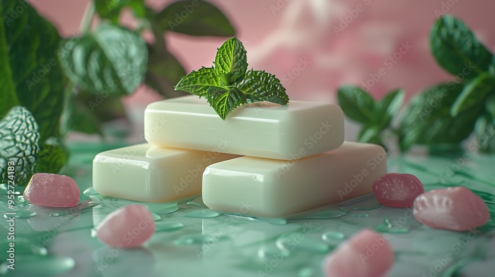 Three bars of white soap with mint leaves on top and pink candies around them on a green marble surface. Three bars of white soap with mint leaves on top and pink candies around them on a green marble surface.