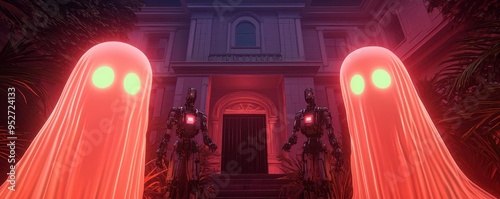 A futuristic haunted mansion with glowing holographic ghosts and robotic gargoyles guarding the entrance, photorealistic, hyper-resolution, high-tech and spooky setting photo