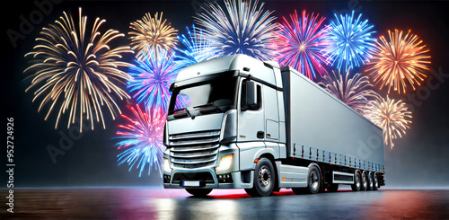 Lastkraftwagen bei Nacht mit Feuerwerk im Hintergrund. - Truck at night with fireworks . New Year wishes with fireworks and space for text for logistics companies or forwarding agents