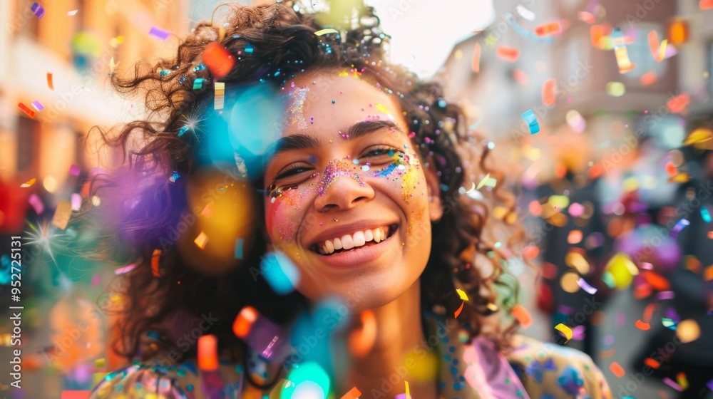 Cheerful woman at carnival with rainbow confetti Cheerful woman at carnival with rainbow confetti