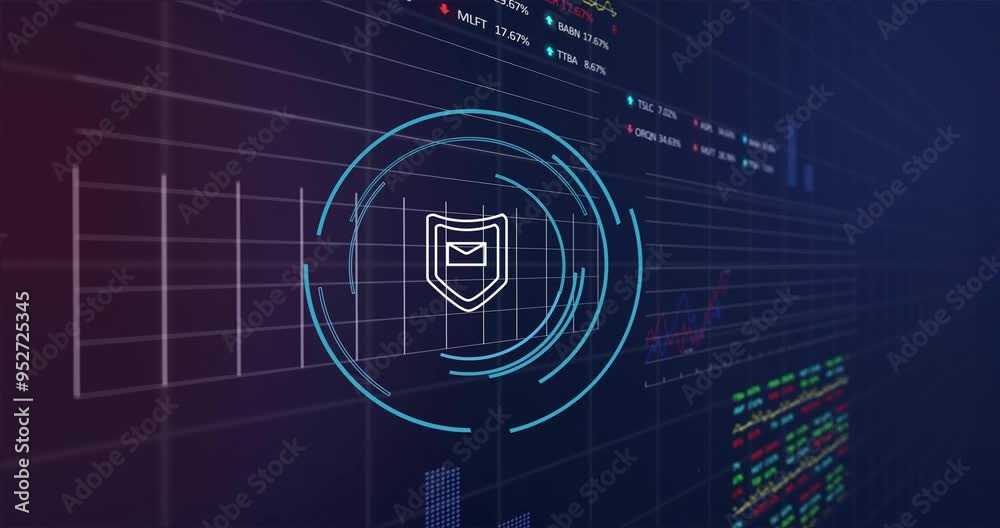 Shield icon and data charts, cybersecurity animation over financial graphs Shield icon and data charts, cybersecurity animation over financial graphs