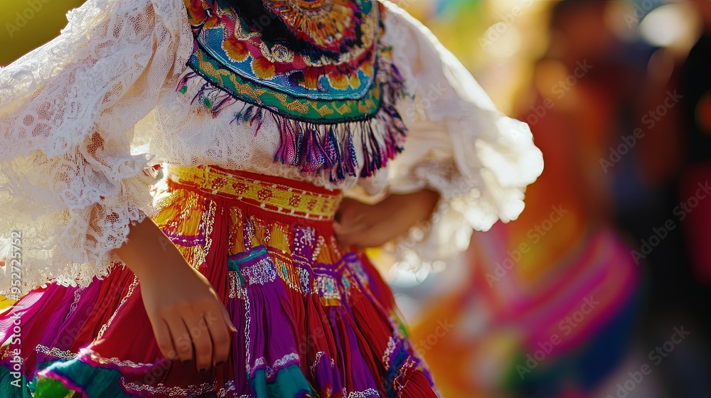 Woman in Traditional Mexican Dress  Colorful Skirt  Lace Blouse  Fiesta Celebration