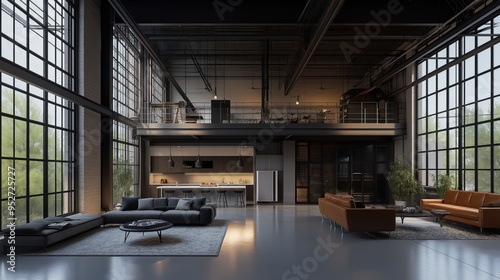 Industrial loft with open-plan design and metal beams 