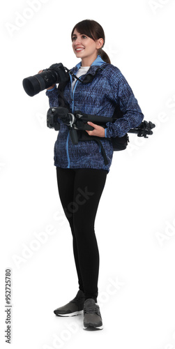 Photographer with backpack, camera and other professional equipment on white background