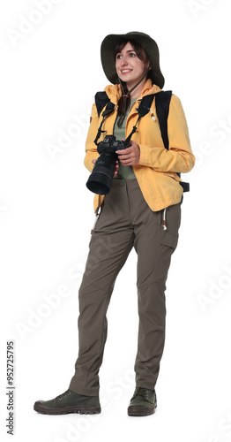 Photographer with backpack and camera on white background