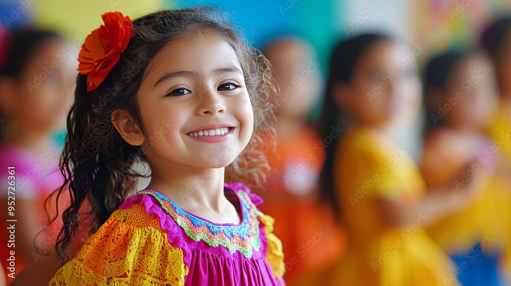 Fototapeta premium Smiling Little Girl in Traditional Mexican Dress with Flower in Hair