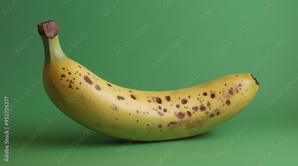 A ripe banana with brown spots lies on a green background.
