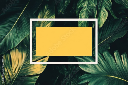 Tropical leaf frame with vibrant yellow background