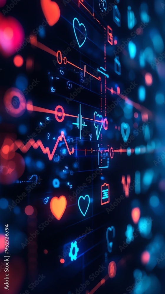 Abstract futuristic digital health and technology background featuring colorful neon data icons and heart shapes, representing medical innovation. Abstract futuristic digital health and technology background featuring colorful neon data icons and heart shapes, representing medical innovation.