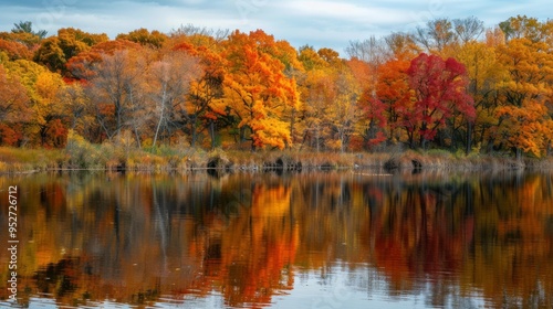 Fototapeta Naklejka Na Ścianę i Meble -  Clear lake water mirroring autumn trees with bright foliage