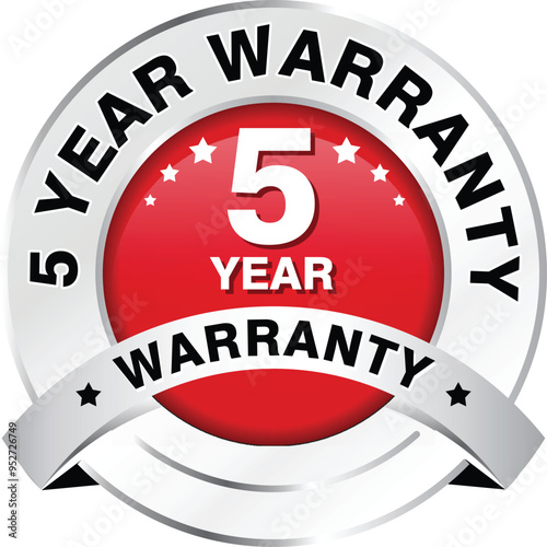 Red five year warranty badge with metallic border and ribbon