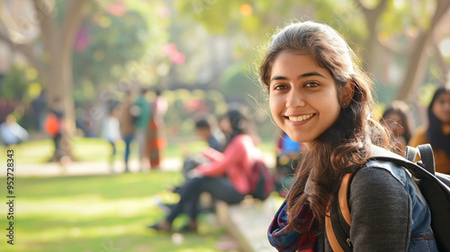 An Indian student girl, 13 -17 years old, with a backpack, smiling, standing in the courtyard in the foyer of the college