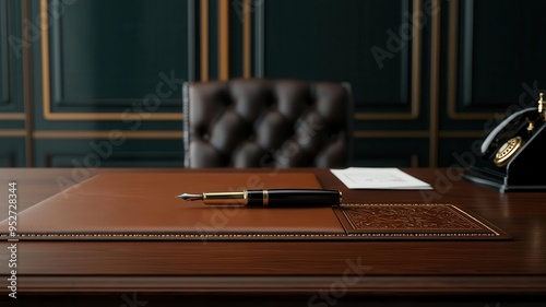 A traditional desk with a leather inlay, fountain pen, and a vintage telephone, photorealistic, hyper-resolution, classic and elegant office setup photo