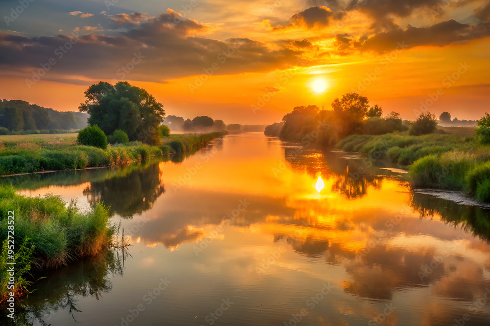 Obraz premium A beautiful sunset over a river with trees in the background. The water is calm and the sky is filled with orange and pink hues