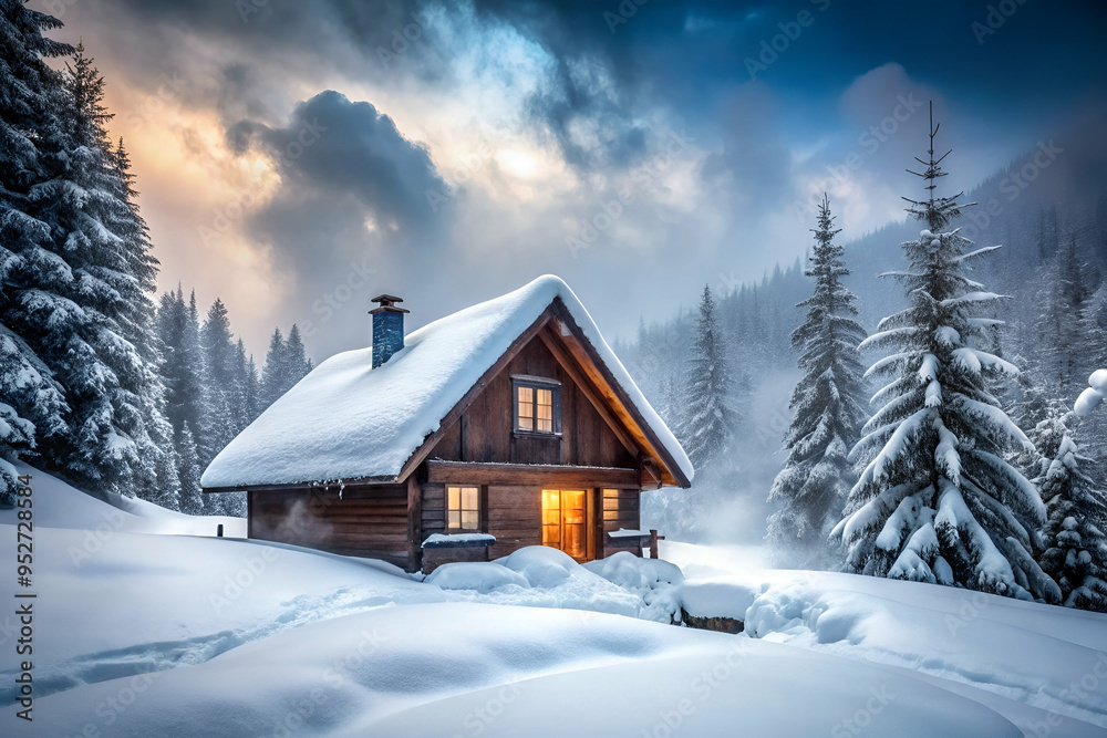 A small cabin in the woods with a chimney and a fireplace. The cabin is surrounded by snow and trees A small cabin in the woods with a chimney and a fireplace. The cabin is surrounded by snow and trees